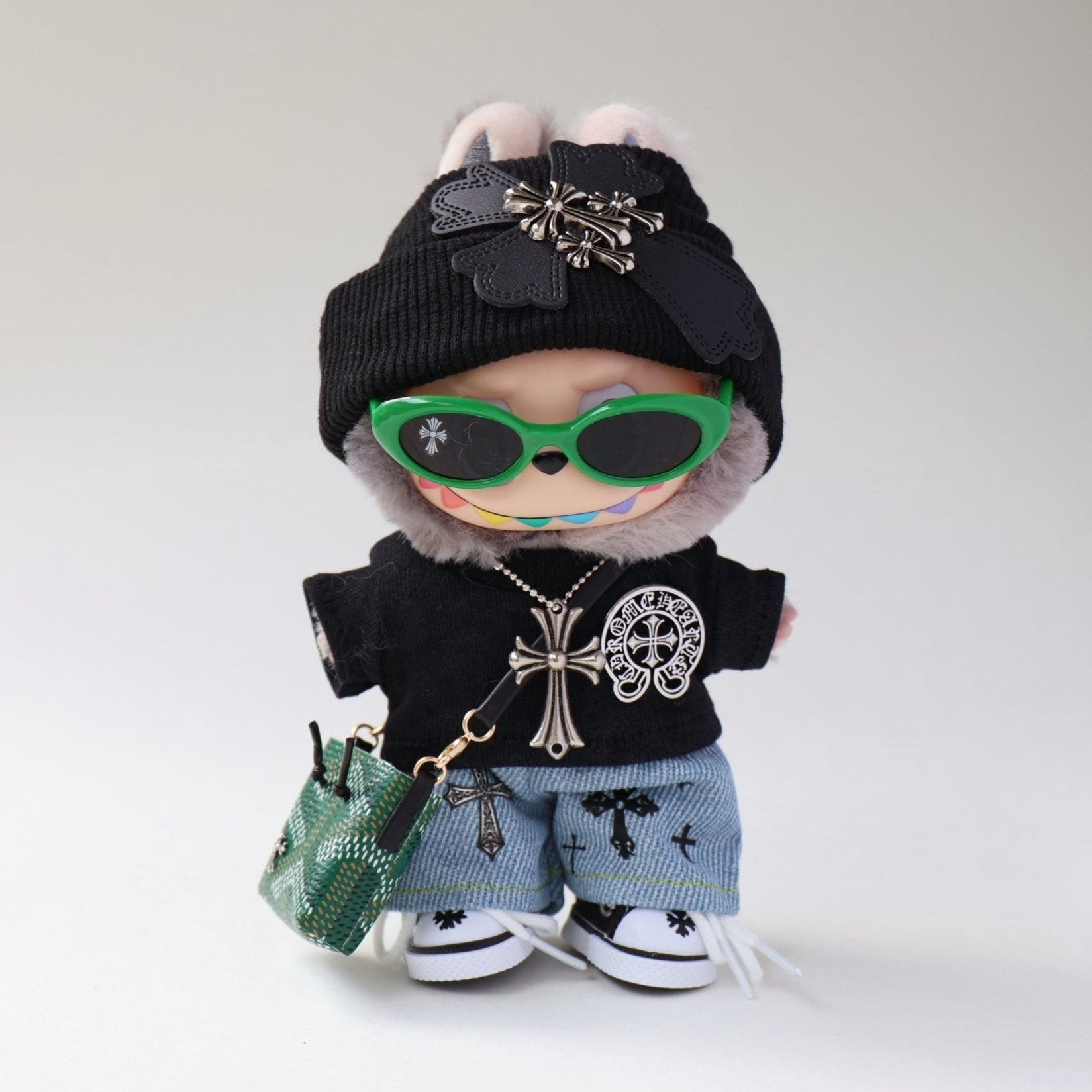 Labubu Black Chrome Hearts Streat Wear Outfit with sunglasses and bag