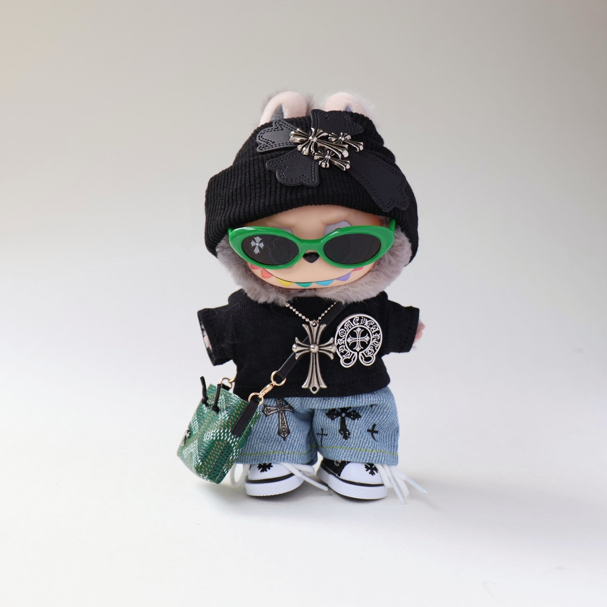 Labubu Black Chrome Hearts Streat Wear Outfit with sunglasses and bag