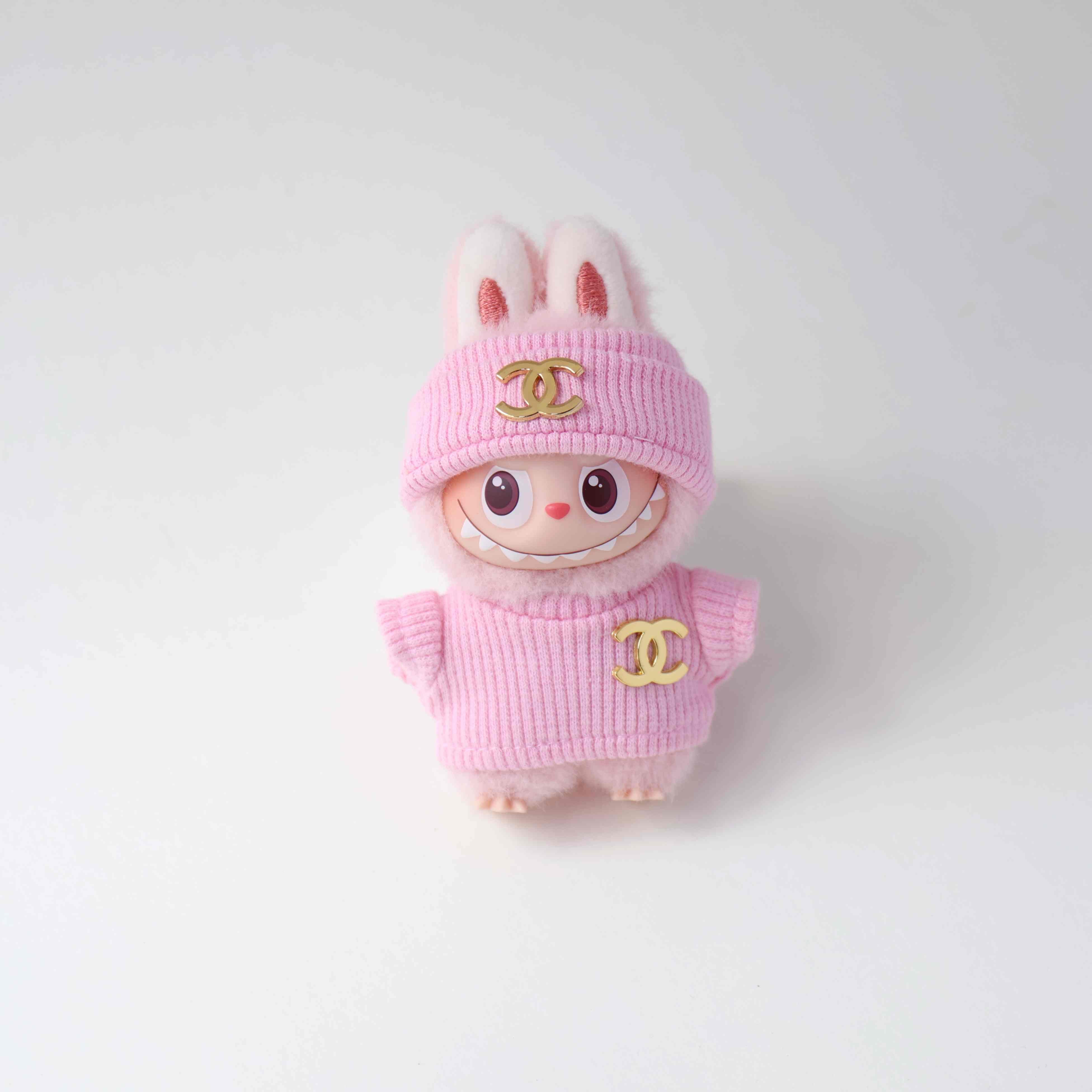 mini labubu clothes chanel pink two piece set with beanie 